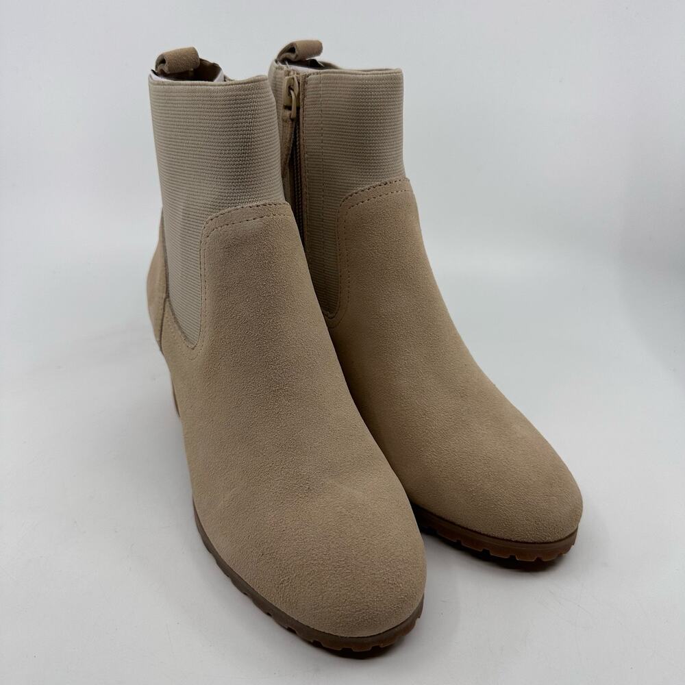 Violet & Red Loaded Knit Cuff Bootie Block Heel Faux Suede Tan Womens Size US5.5 - Picture 5 of 7